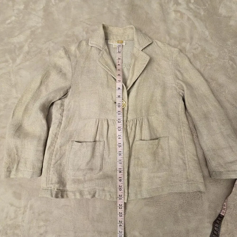 Michael Kors Tan Gold Button Blazer Cropped Length Jacket 100% Linen Sz S Office